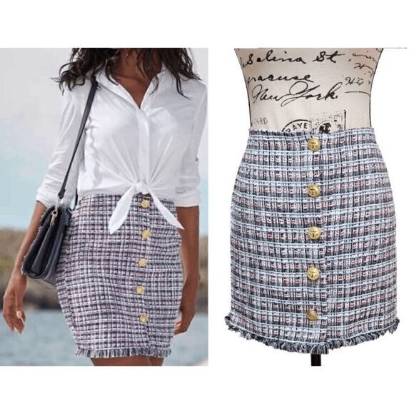 ⚓✨ Nautical Tweed Mini Skirt with Gold Anchor Buttons SIZE S - Picture 1 of 14